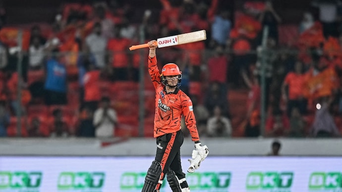SRH vs DC: Abhishek Sharma celebrates his 2nd IPL hundred. (AFP Photo) Abhishek Sharma