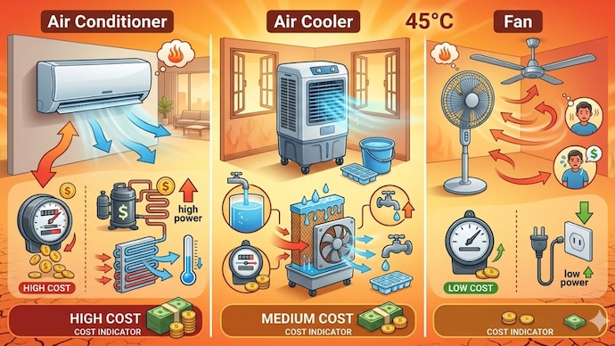 AC vs cooler vs fan electricity cost in India explained simply. Compare monthly bills, cooling performance, and long-term costs to choose the best option for 45°C summer heat. AC vs cooler vs fan electricity cost in India explained simply. Compare monthly bills, cooling performance, and long-term costs to choose the best option for 45°C summer heat.