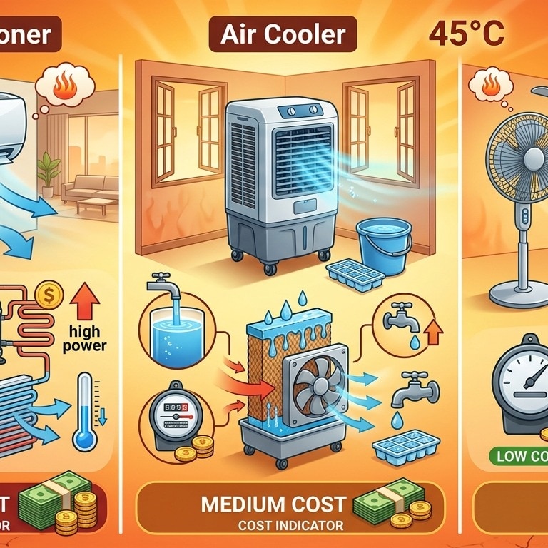 AC vs Cooler vs Fan: What’s cheapest to run in 45°C heat? Full cost breakdown