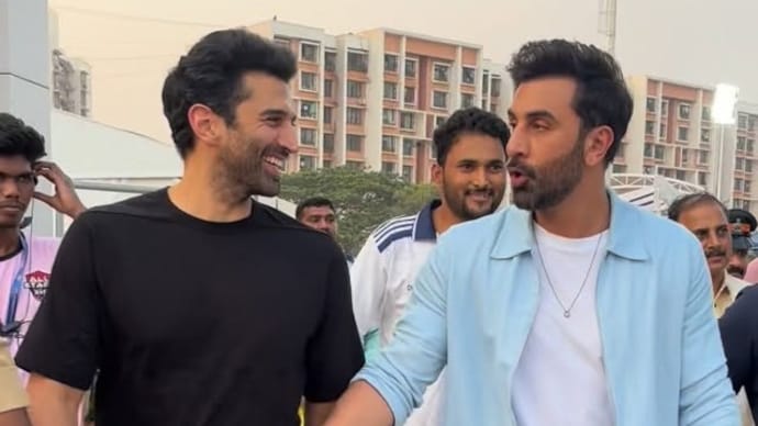 Aditya Roy Kapoor (left) and Ranbir Kapoor attend a football event in Mumbai. (Credit: Instagram/@ajaysurve12) Aditya Roy Kapoor, Ranbir Kapoor