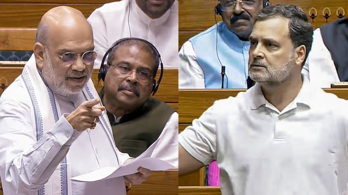 Home Minister Amit Shah and Congress MP Rahul Gandhi during a heated exchange in the Lok Sabha on Friday. (Photo: PTI)