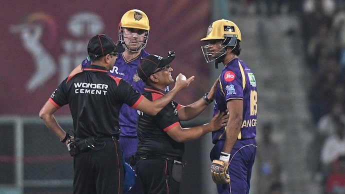 Angkrish Raghuvanshi was given out Obstructing the Field against LSG. Courtesy: AP Angkrish Raghuvanshi