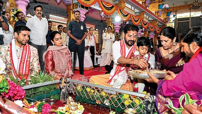OPTIMUM OPTICS: Telangana CM Revanth Reddy at his grandson’s aksharabhyasam ritual at the Gnana Saraswati Temple, Basara, Apr. 6. (Photo: ANI)