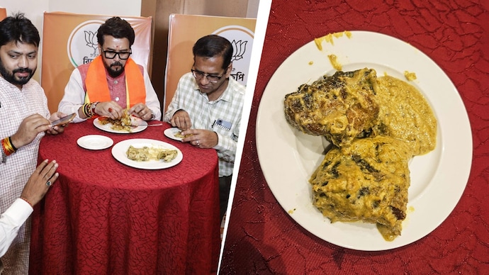 BJP MP Anurag Thakur and other party leaders relish shorshe maach bhaat while campaigning in poll-bound West Bengal. (Photo: India Today)