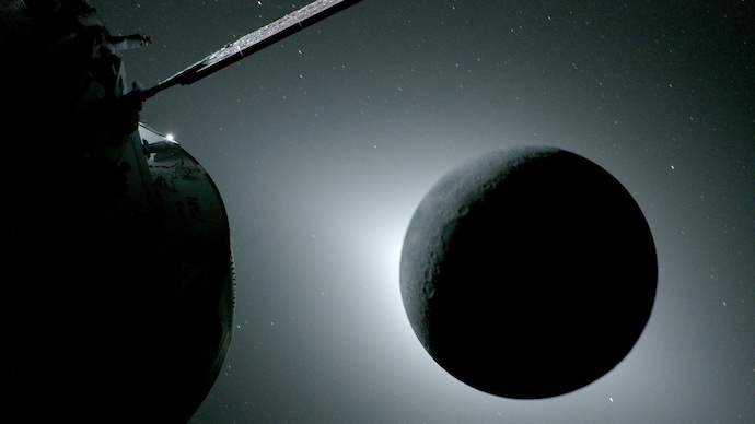 The Moon, seen here backlit by the Sun during a solar eclipse on April 6, 2026, is photographed by one of the cameras on the Orion spacecraft’s solar array wings. Artemis 2 moon mission