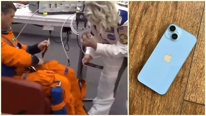 Artemis-II astronauts being given the special iPhone for the Moon. (Photo: Nasa) Artemis-II iphone for the moon