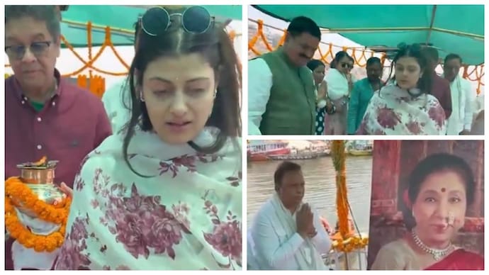 Zanai Bhosale had gone to Varanasi to perform the last rites of his late grandmother as per her wishes. (Credit: X) Asha Bhosle's ashes immersed in Varanasi, granddaughter Janai cried Video