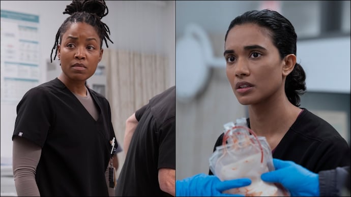 Ayesha Harris and Supriya Ganesh in stills from The Pitt. Photos: HBO Ayesha Harris, Supriya Ganesh