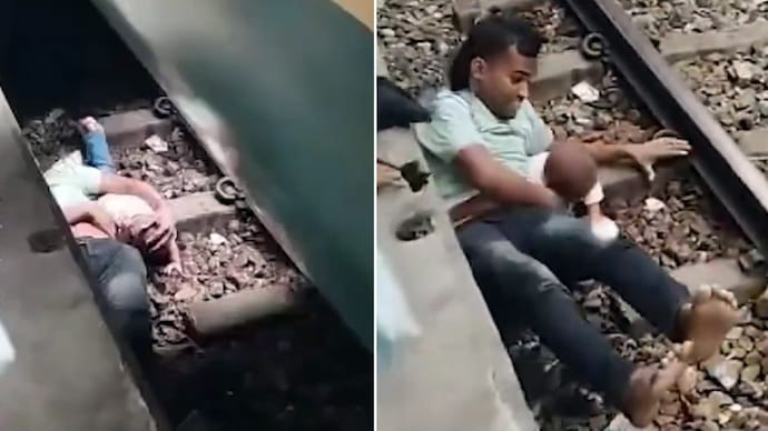 Bangladesh father shields child under moving train in dramatic rescue video (Photos: @AJENews/X) Bangladesh father shields child under moving train in dramatic rescue video