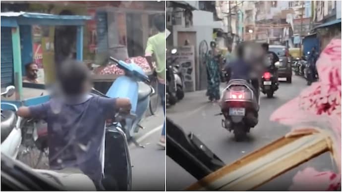 Bengaluru boy riding scooter in busy traffic exposes parenting negligence (Photos: Karnataka Portfolio/X) Bengaluru boy riding scooter in busy traffic exposes parenting negligence