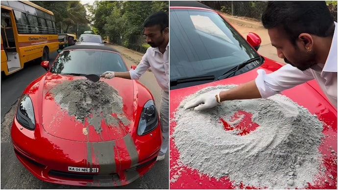 A video showing a man's unique way of fixing Bengaluru potholes with his Porsche has gone viral. (Photo: Instagram) bengaluru porsche