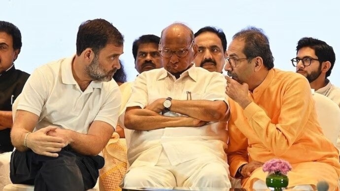 Congress leader Rahul Gandhi, NCP leader Sharad Pawar and Shiv Sena (UBT) leader Uddhav Thackeray Congress leader Rahul Gandhi, NCP leader Sharad Pawar and Shiv Sena (UBT) leader Uddhav Thackeray
