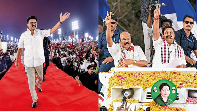 CAMPAIGN TRAIL: (left) DMK chief and CM M.K. Stalin in Tiruchirappalli; (right) AIADMK boss E. Palaniswami in Chennai. (Photos: PTI)