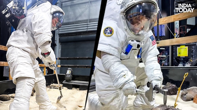 Artemis 2 astronuats are pictures while training for a Moonwalk. Days after returning from the Moon, Artemis-2 astronauts begin moonwalk training