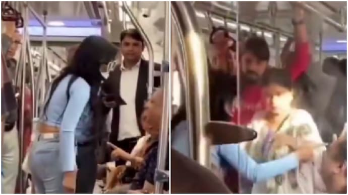 Delhi Metro fight turns ugly as woman slaps man during dispute over seat (Photos: @gharkekalesh/X) Delhi Metro fight turns ugly as woman slaps man during dispute over seat