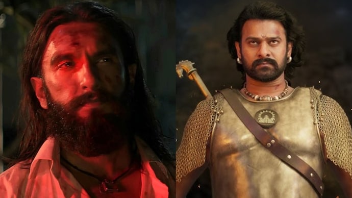 Ranveer Singh in a still from Dhurandhar 2 (L), Prabhas in a still from Baahubali 2 as we compare their box office dynamics Dhurandhar crushes Baahubali at box office in 13 days, eyes Rs 1,000 crore