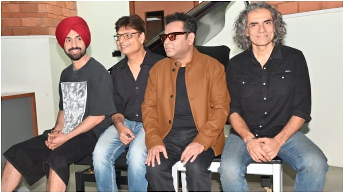 (From left) Diljit Dosanjh, Irshad Kamil, AR Rahman and Imtiaz Ali. (Photo: Yogen Shah) Diljit Dosanjh and AR Rahman collaborate for the song Main Vyapar Aaunga