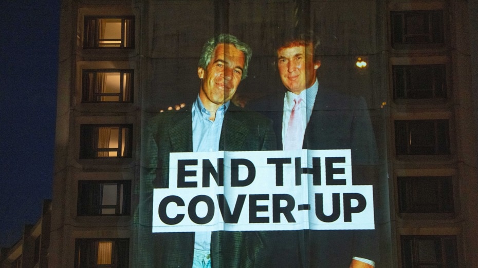Video: Trump's photos with Jeffrey Epstein projected onto US hotel ahead