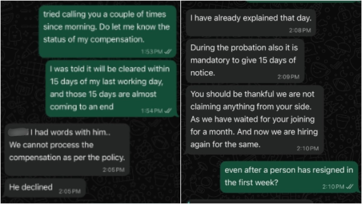 Employee quits in 7 days over 'toxic behaviour,' HR denies salary on WhatsApp