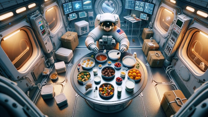 An astronaut eating a meal in space. (Representational Photo: AI) Flying to the Moon with mango salad: What will Artemis-II astronauts eat in space?