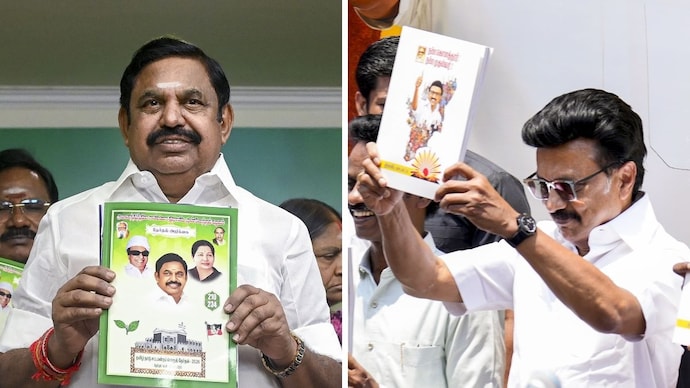 Edappadi K Palaniswami and MK Stalin with their election manifestos (Photo: PTI) ek palaniswami election menifesto mk stalin