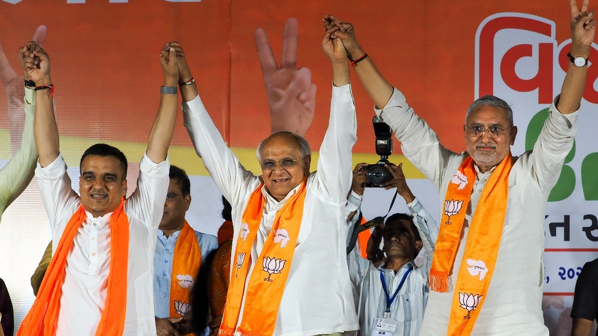 Gujarat Chief Minister Bhupendra Patel, centre, Deputy Chief Minister Harsh Sanghavi, left, and Gujarat BJP Chief Jagdish Panchal during BJP's election results celebration following the party's strong performance in Gujarat's local body polls. (PTI Photo) Gujarat Chief Minister Bhupendra Patel, centre, Deputy Chief Minister Harsh Sanghavi, left, and Gujarat BJP Chief Jagdish Panchal during BJP's election results celebration following the party's strong performance in Gujarat's local body polls. (PTI Photo)