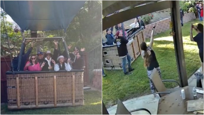 A homeowner in California was utterly surprised when a hot air balloon carrying over a dozen people landed right in his backyard. A homeowner in California was utterly surprised when a hot air balloon carrying over a dozen people landed right in his backyard.