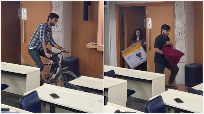 IIT Bombay students take no bag day too seriously by walking in with buckets, boxes (Photos: @ballooncheeksbaka/Instagram) IIT Bombay students take no bag day too seriously by walking in with buckets, boxes