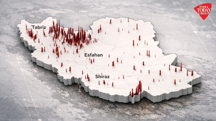 Iran damage assessment; bars indicate structural damage clusters (AI used for visual enhancement)