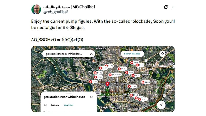 In response to the latest US threat, Iran’s Parliament Speaker Mohammad Bagher Ghalibaf shared this maths formula on X. Iran Speaker tweet