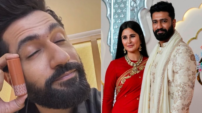 Vicky Kaushal posing with the makeup product/ with wife and actor Katrina Kaif (R) (Photo: Instagram/ PTI) Katrina Kaif gives a 'dad' twist to Vicky Kaushal promoting her makeup brand