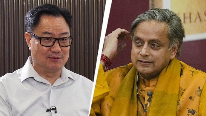 Kiren Rijiju cited a conversation with Shashi Tharoor to target the Congress. (Photo: ANI, PTI) Kiren Rijiju cited a conversation with Shashi Tharoor to target the Congress.