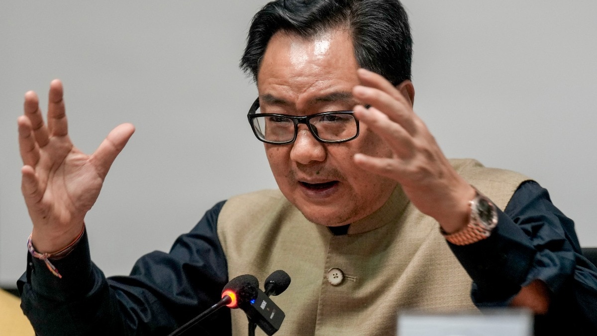 Union Parliamentary Affairs Minister Kiren Rijiju addresses a press conference after the conclusion of the special Parliament session in New Delhi. (Photo: PTI) kiren rijiju womens quota bill congress against