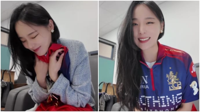 Korean woman unboxes RCB jersey, her reaction is just too adorable to miss (Photos: @sausabe/Instagram) Korean woman unboxes RCB jersey, her reaction is just too adorable to miss