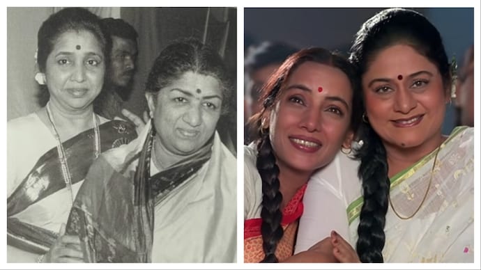 (L) Asha Bhosle and Lata Mangeshkar; (R) Shabana Azmi and Aruna Irani in Saaz (Photo: Aaj Tak, Film Still) Lata Asha Saaz