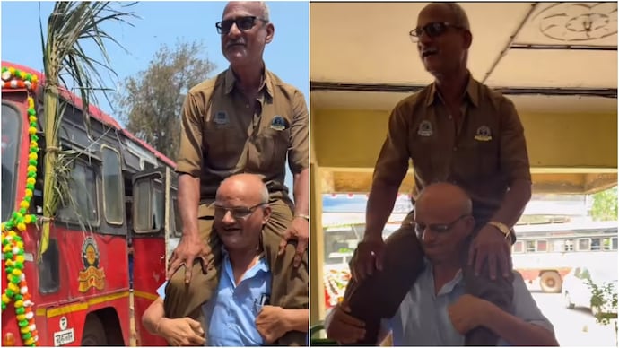 A video from a bus depot in Maharashtra shows a playful moment between two elderly colleagues and internet loves it. (Photo: Instagram) maharashtra bus