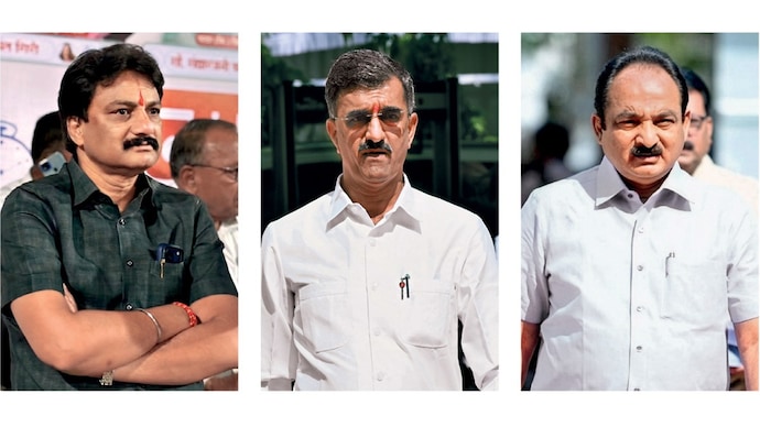 ROUGHED UP: From left, Rajya Sabha MP Nitin Patil (NCP) and ministers Shambhuraj Desai (Sena) and Makarand Patil (NCP)