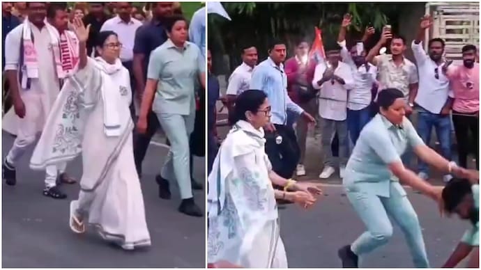 Mamata Banerjee panics as man breaches security to touch her feet (Photos: @nvu_india/Instagram) Mamata Banerjee panics as man breaches security to touch her feet