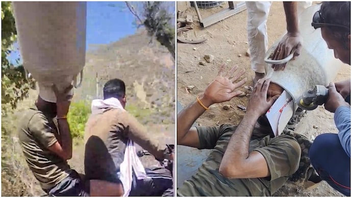 A video showing a man with a milk can stuck on his head has gone viral. man got milk can stuck