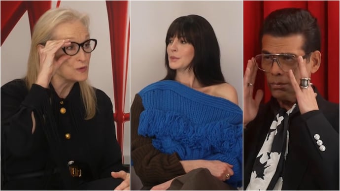 Meryl Streep and Anna Hathaway sit down for a chat with Karan Johar. Meryl Streep, Karan Johar, Anna Hathaway