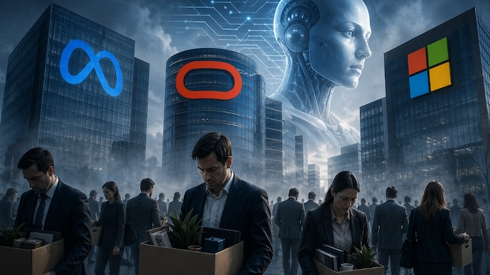 Meta, Oracle, and Microsoft lay off 46,750 employees in just one month. (Image generated using AI for representational purposes) Meta, Oracle, Microsoft, layoffs,