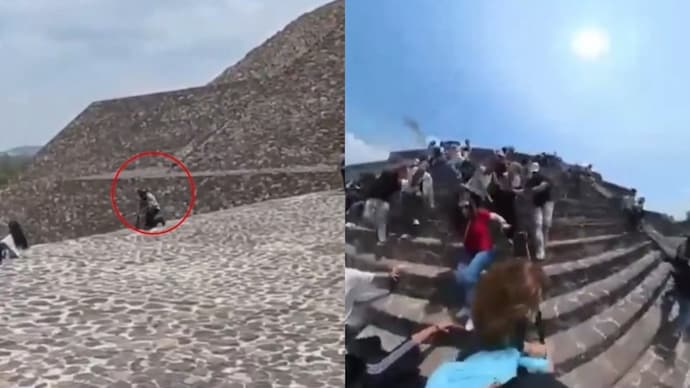 The gunman can be seen arriving at the top of the pyramid with a backpack. (Visual: @ResistWire/X) Mexico shooting
