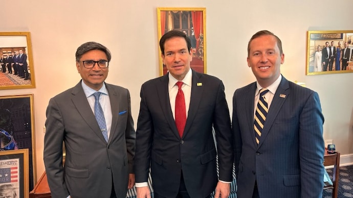 Foreign Secretary Vikram Misri (L), who is on a three-day visit to the US, met Secretary of State Marco Rubio (C) at the White House. (Pic credit: https://x.com/USAmbIndia) Misri-Rubio