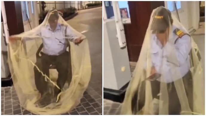 Mosquitoes force Hyderabad security guard to cover himself with net on night duty (Photos: X) hyderabad security guard mosquito net