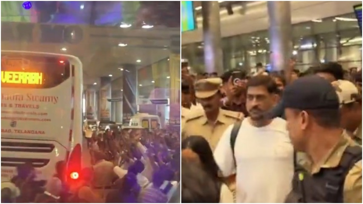 MS Dhoni sparks frenzy in Hyderabad, fans throng airport for a glimpse. Video