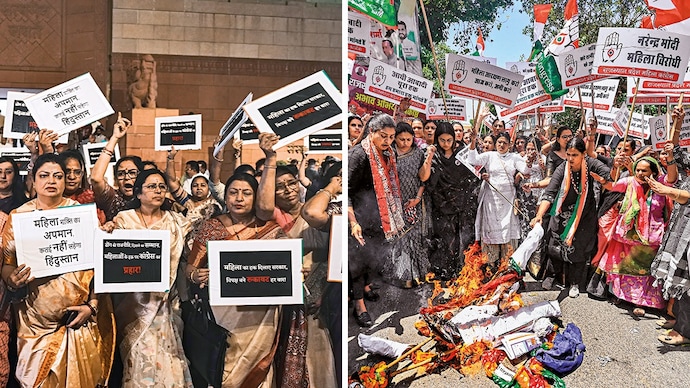 FIRE AND FURY: (left) BJP leaders outside Parliament, Apr. 17; (right) Mahila Congress workers in Jaipur, Apr. 20