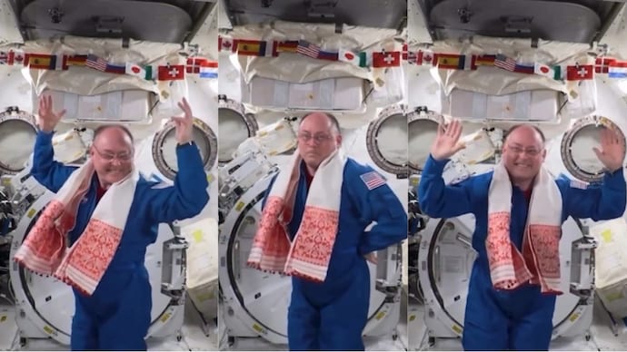 Nasa astronaut Mike Fincke floats in microgravity aboard the International Space Station, wearing a traditional Assamese gamusa while performing a Bihu dance. (X/@himantabiswa) Nasa astronaut Mike Fincke floats in microgravity aboard the International Space Station, wearing a traditional Assamese gamusa while performing a Bihu dance. (X/@himantabiswa)