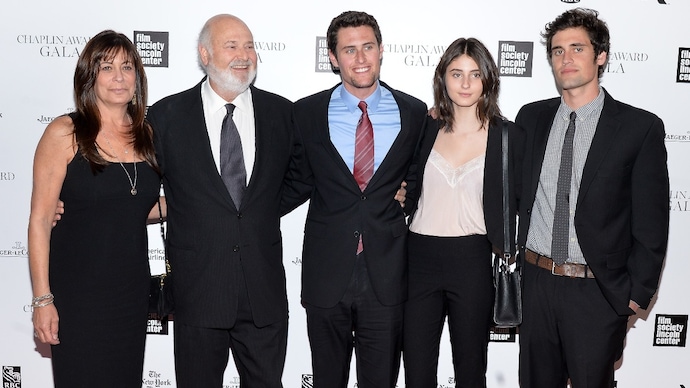 (From left) Michelle Renner, Rob Renner with children Jake, Romy and Nick. (Credit: AP) Nick Reiner with his parents.