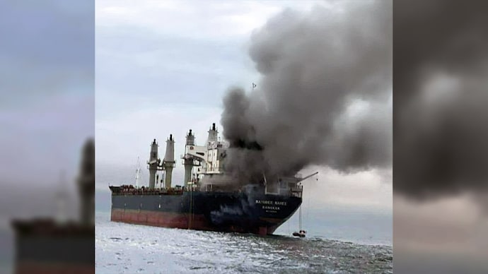 COLLATERAL DAMAGE: A Thailand cargo ship struck by Iran off Oman’s coast, Mar. 11. (Photo: AP)