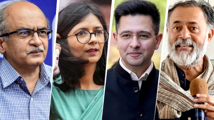 Former AAP leader Prashant Bhushan, AAP Rajya Sabha MP Swati Maliwal, AAP Rajya Sabha MP Raghav Chadha, former AAP leader Yogendra Yadav. AAP crisis